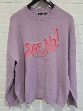 Motel Rocks Lilac Crewneck Sweater with Pink 'See Ya!' Graphic